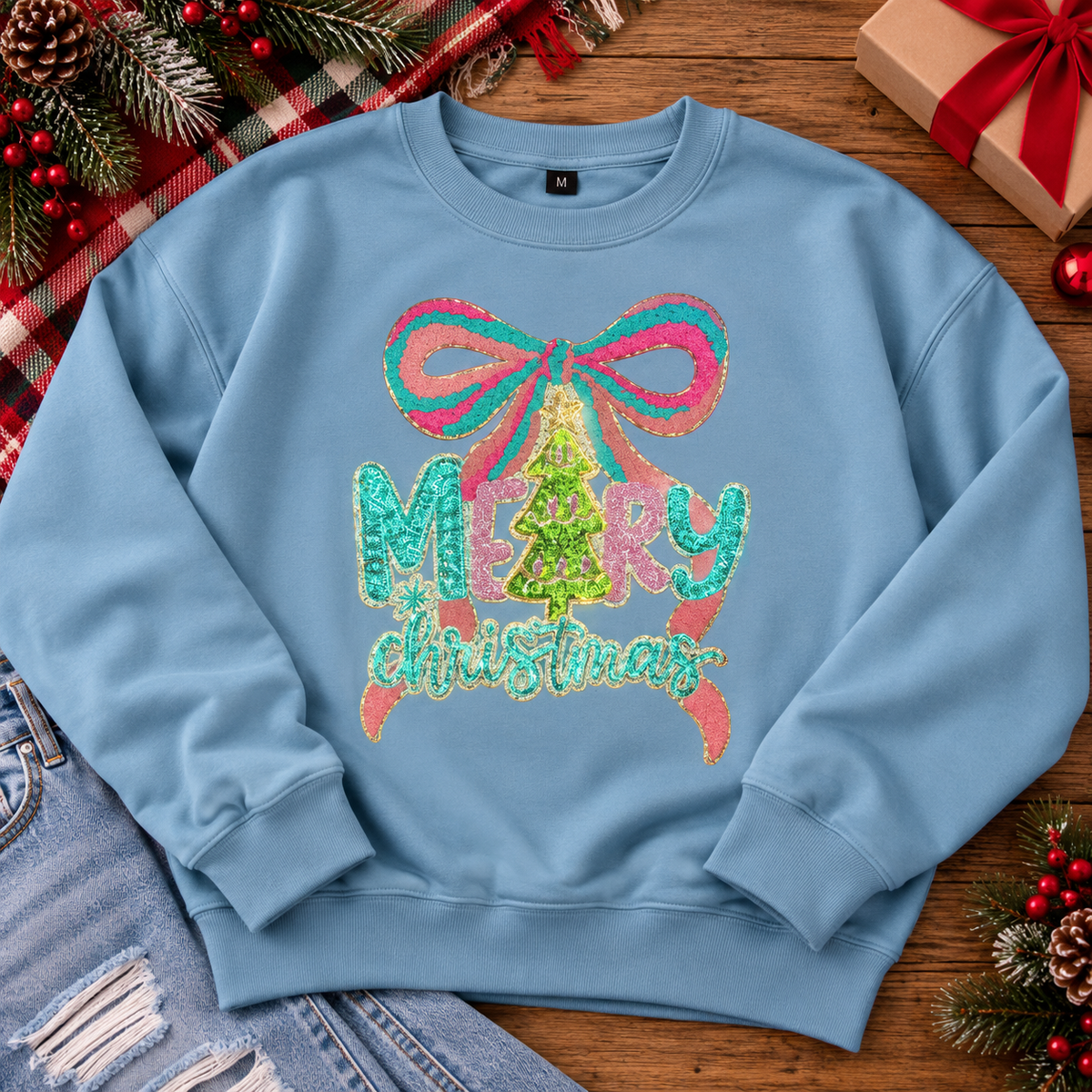 🎀🎄 Merry Christmas Bow Cropped Sweatshirt – Dusty Blue