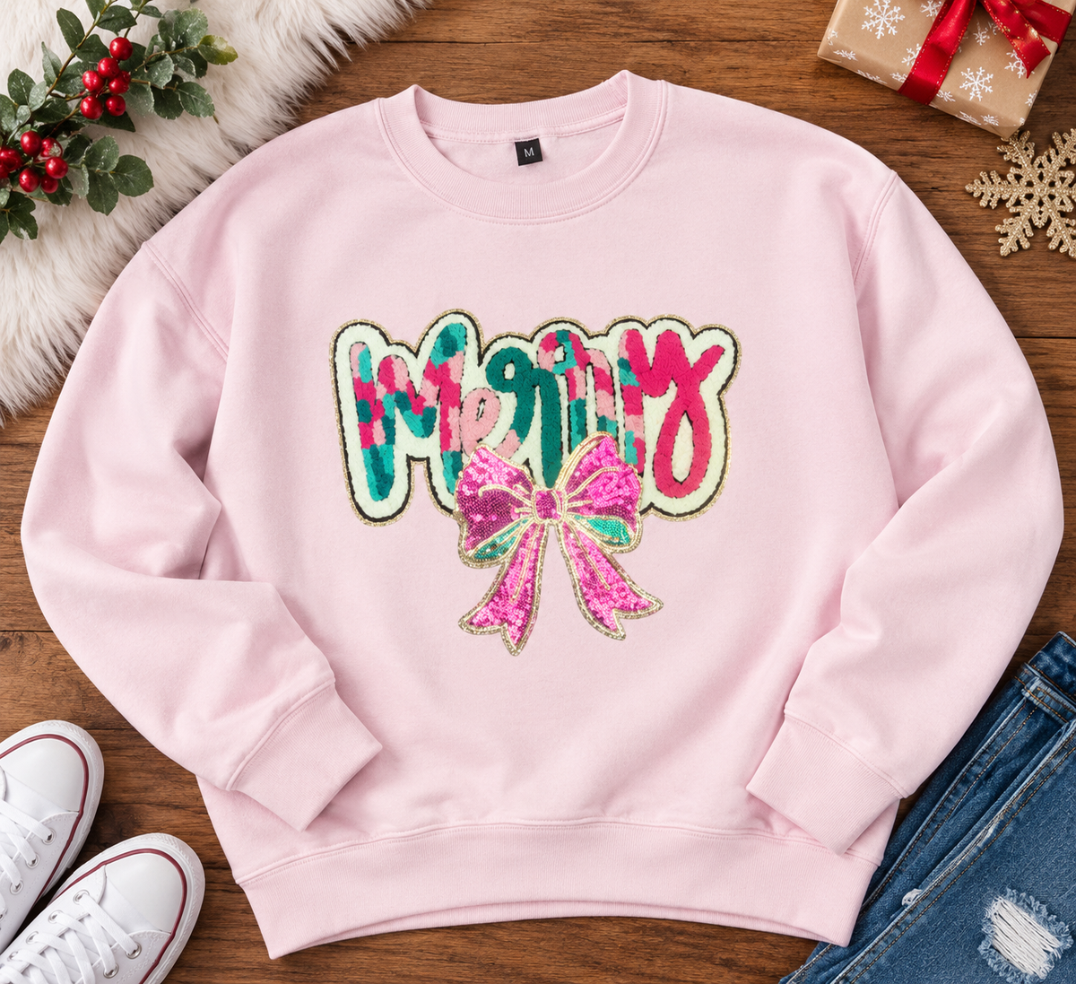 🎀 Merry & Bright Pink Christmas Crewneck Sweatshirt
